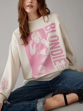 American Eagle Cream & Pink ‘ BLONDIE’ Oversized Graphic Crewneck Sweatshirt XS